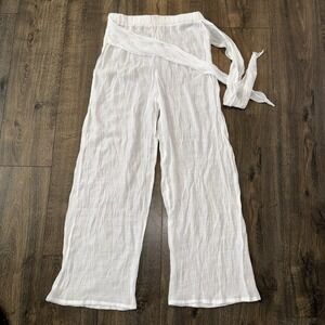 Womens M White sheer Pants Wide Leg Elastic Waist belted Vacay Resort Beach Club